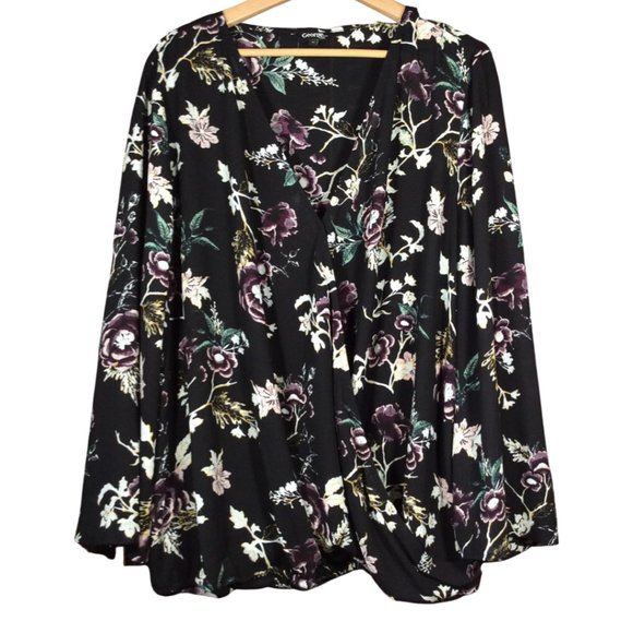 Ladies Black/Purple Floral Print Wrap Blouse - Picture 1 of 1
